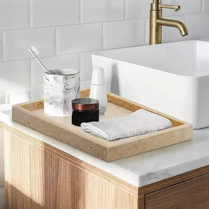 Plateau en travertin, plateau décoratif rectangulaire en pierre jaune naturelle pour coiffeuse de salle de bain, organiseur de parfum, présentoir à bijoux