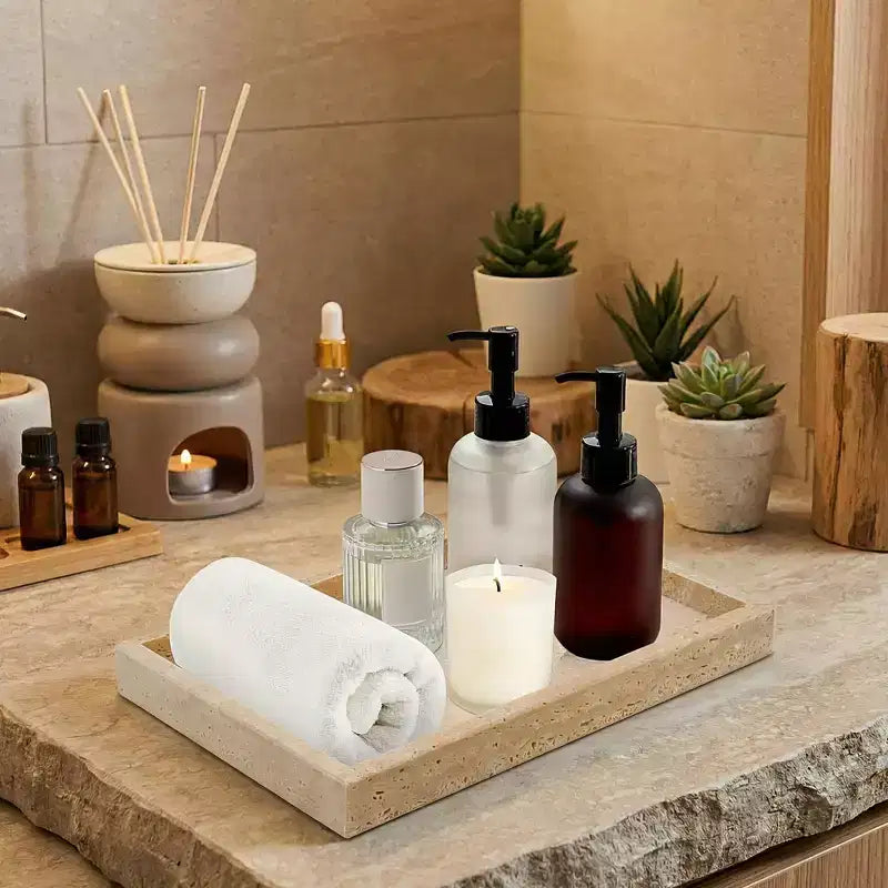 Plateau en travertin, plateau décoratif rectangulaire en pierre jaune naturelle pour coiffeuse de salle de bain, organiseur de parfum, présentoir à bijoux