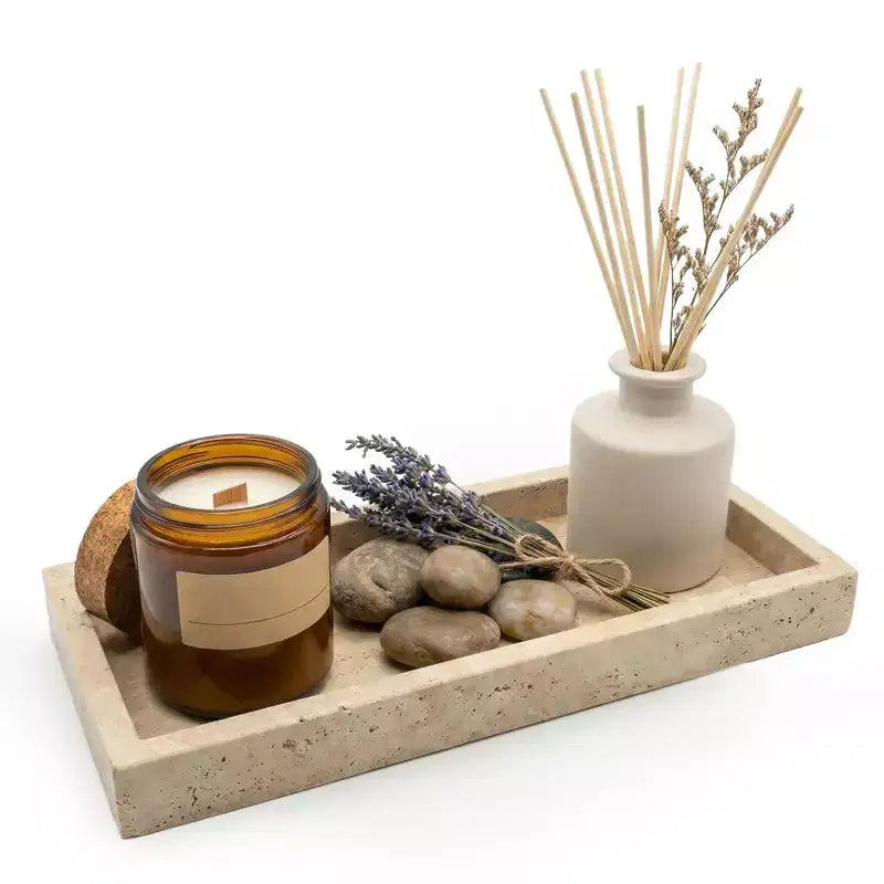 Travertine Tray, Natural Yellow Stone Rectangular Decorative Tray for Bathroom Vanity, Perfume Organizer, Jewelry Display