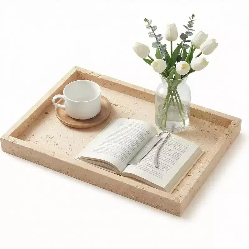 Plateau en travertin, plateau décoratif rectangulaire en pierre jaune naturelle pour coiffeuse de salle de bain, organiseur de parfum, présentoir à bijoux