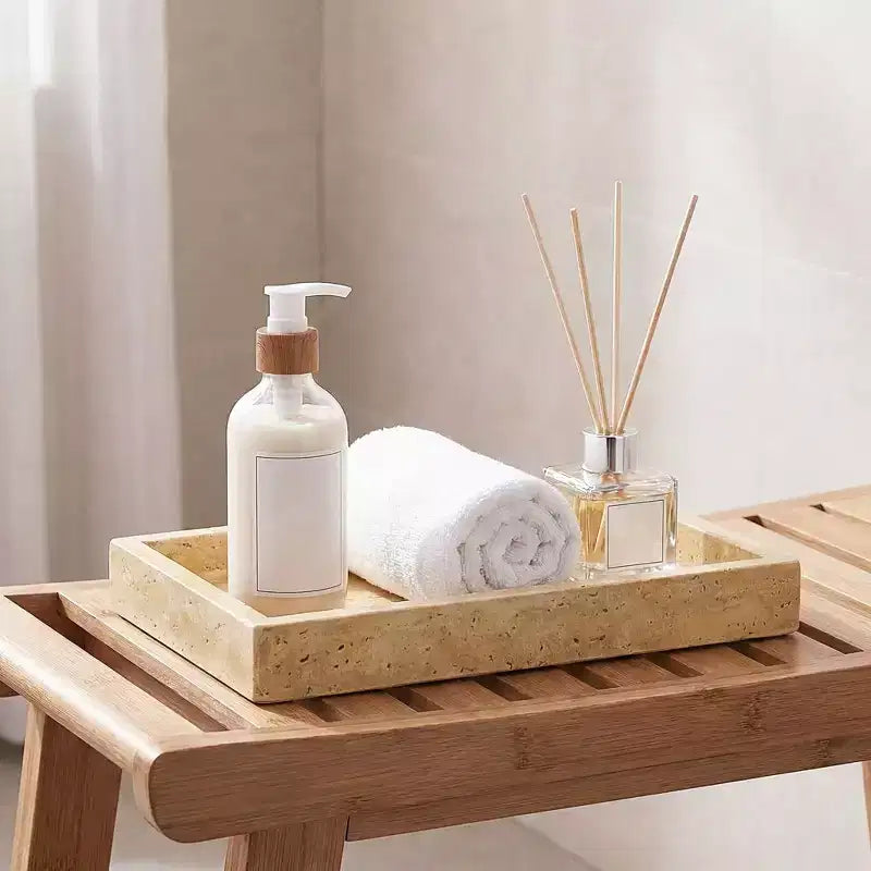 Plateau en travertin, plateau décoratif rectangulaire en pierre jaune naturelle pour coiffeuse de salle de bain, organiseur de parfum, présentoir à bijoux