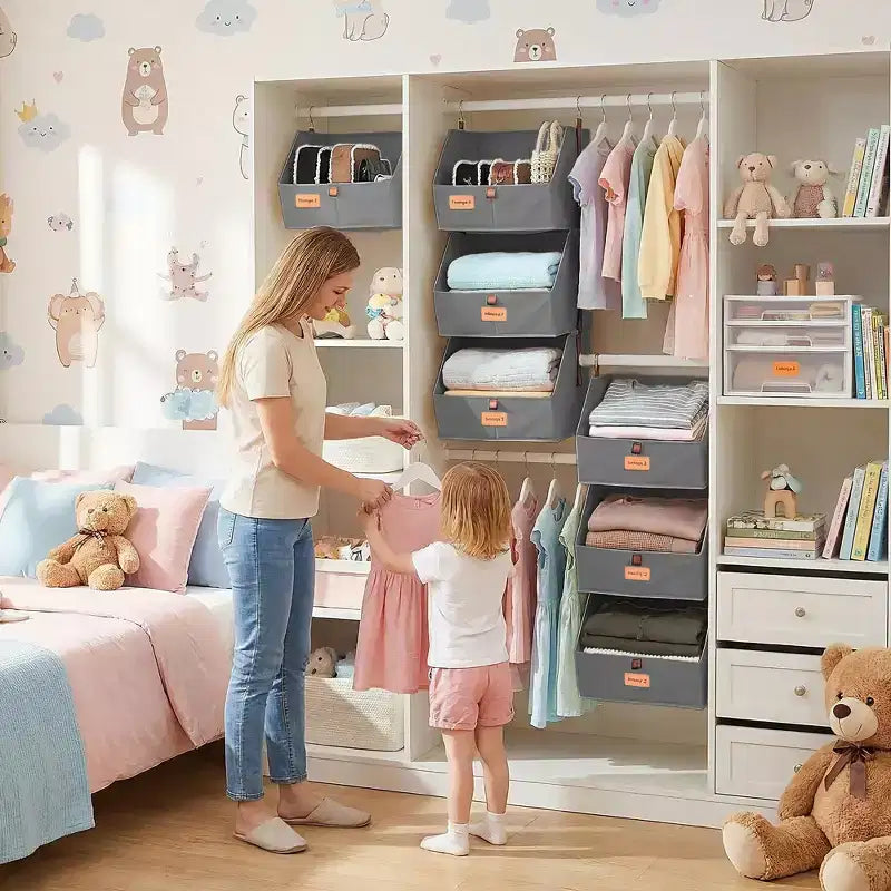 Lot de 2 organisateurs de placard suspendus à 4 niveaux, étagères de rangement en tissu non tissé avec paniers pliables, organisateur suspendu peu encombrant pour chambre à coucher, dortoir, camping-car