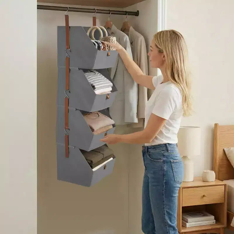 Lot de 2 organisateurs de placard suspendus à 4 niveaux, étagères de rangement en tissu non tissé avec paniers pliables, organisateur suspendu peu encombrant pour chambre à coucher, dortoir, camping-car