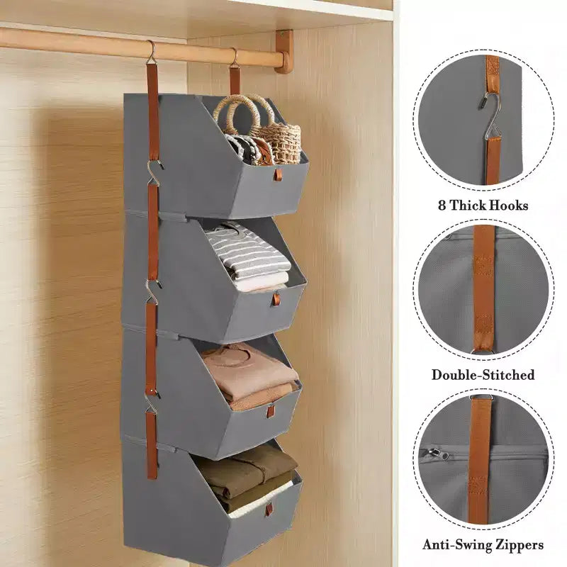 Lot de 2 organisateurs de placard suspendus à 4 niveaux, étagères de rangement en tissu non tissé avec paniers pliables, organisateur suspendu peu encombrant pour chambre à coucher, dortoir, camping-car