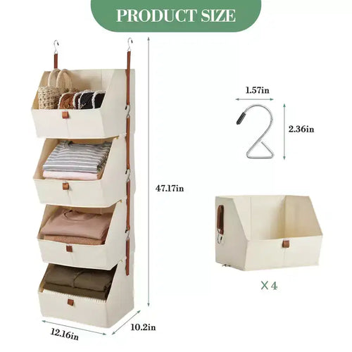 Lot de 2 organisateurs de placard suspendus à 4 niveaux, étagères de rangement en tissu non tissé avec paniers pliables, organisateur suspendu peu encombrant pour chambre à coucher, dortoir, camping-car