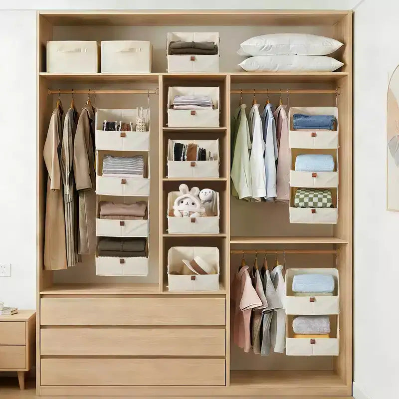Lot de 2 organisateurs de placard suspendus à 4 niveaux, étagères de rangement en tissu non tissé avec paniers pliables, organisateur suspendu peu encombrant pour chambre à coucher, dortoir, camping-car