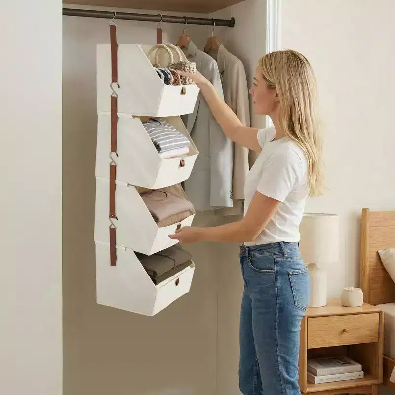 Lot de 2 organisateurs de placard suspendus à 4 niveaux, étagères de rangement en tissu non tissé avec paniers pliables, organisateur suspendu peu encombrant pour chambre à coucher, dortoir, camping-car