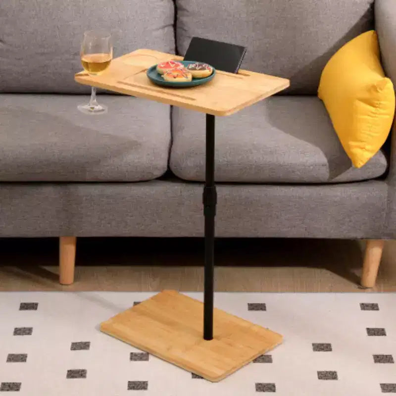 Bamboo C-Shaped Couch Tray Table, Height Adjustable with 2 Tiers & Slots, Versatile Sofa Side Table for Living Room & Bedroom