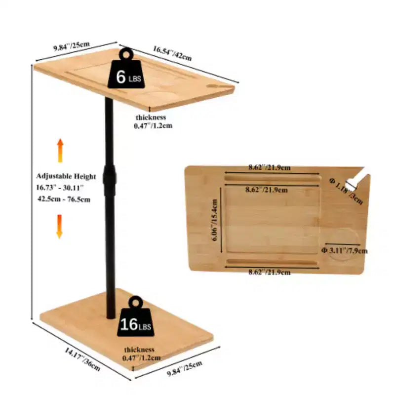 Table de plateau de canapé en bambou en forme de C, réglable en hauteur avec 2 niveaux et fentes, table d'appoint polyvalente pour canapé de salon et de chambre à coucher