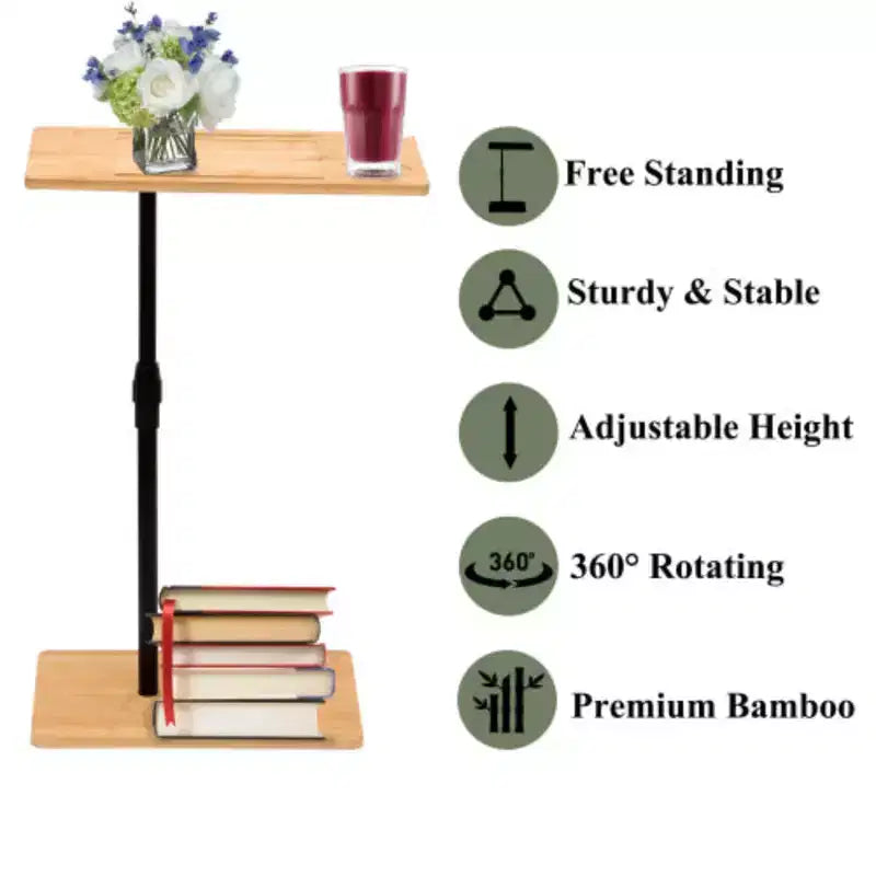 Table de plateau de canapé en bambou en forme de C, réglable en hauteur avec 2 niveaux et fentes, table d'appoint polyvalente pour canapé de salon et de chambre à coucher