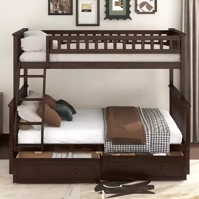 FAMYYT Twin Size Wood Bed?With Drawers, Fence-shaped Guardrail, ladder, Easy Assembly