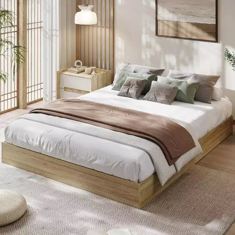 Lit plateforme SunnyFurn avec lattes en bois robustes, cadre de lit au sol, cadre de lit moderne au design minimaliste et peu encombrant, aucun sommier tapissier requis