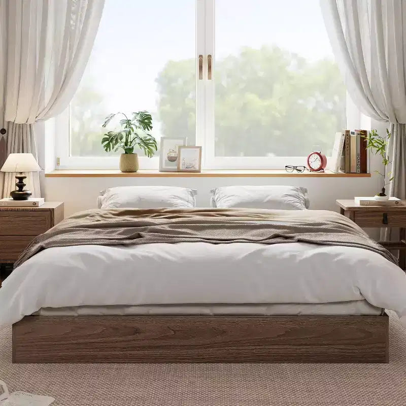 Lit plateforme SunnyFurn avec lattes en bois robustes, cadre de lit au sol, cadre de lit moderne au design minimaliste et peu encombrant, aucun sommier tapissier requis