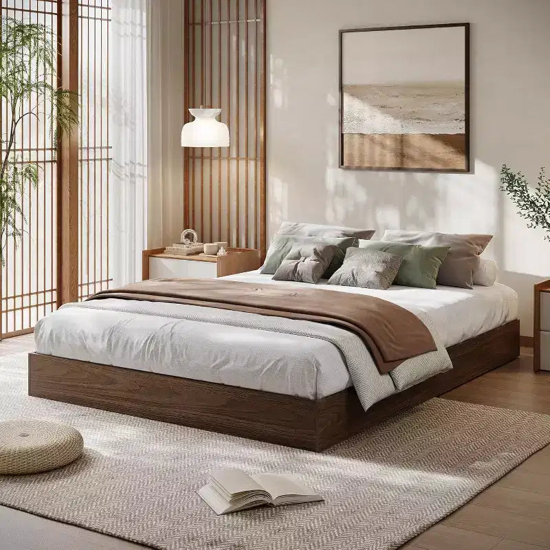 Lit plateforme SunnyFurn avec lattes en bois robustes, cadre de lit au sol, cadre de lit moderne au design minimaliste et peu encombrant, aucun sommier tapissier requis