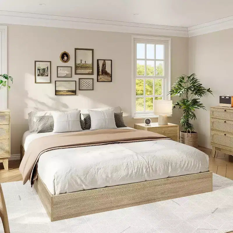 Lit plateforme SunnyFurn avec lattes en bois robustes, cadre de lit au sol, cadre de lit moderne au design minimaliste et peu encombrant, aucun sommier tapissier requis