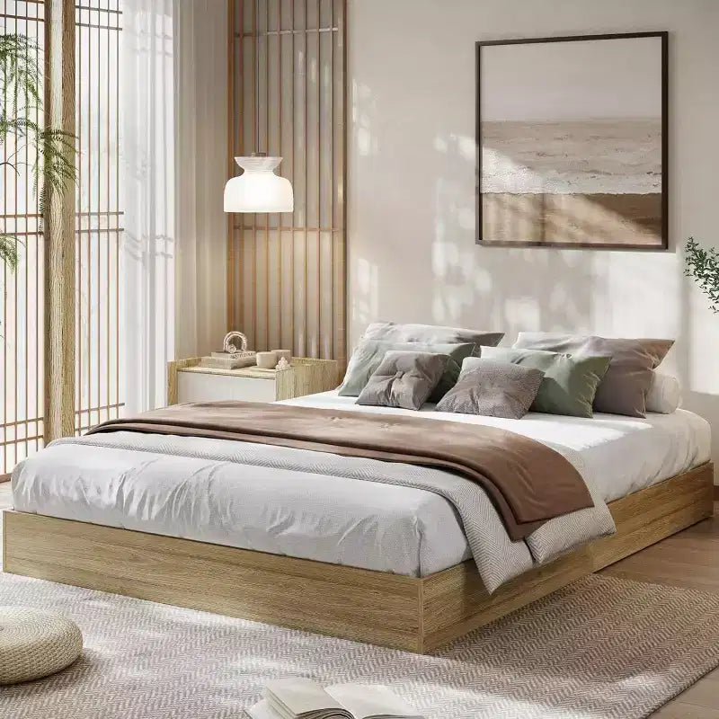 Lit plateforme SunnyFurn avec lattes en bois robustes, cadre de lit au sol, cadre de lit moderne au design minimaliste et peu encombrant, aucun sommier tapissier requis