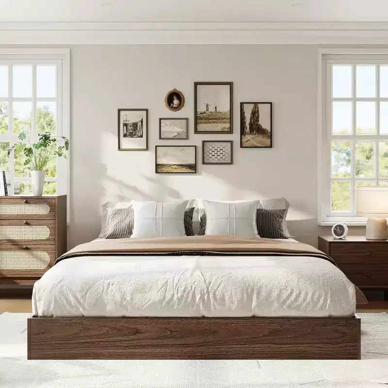 Lit plateforme SunnyFurn avec lattes en bois robustes, cadre de lit au sol, cadre de lit moderne au design minimaliste et peu encombrant, aucun sommier tapissier requis