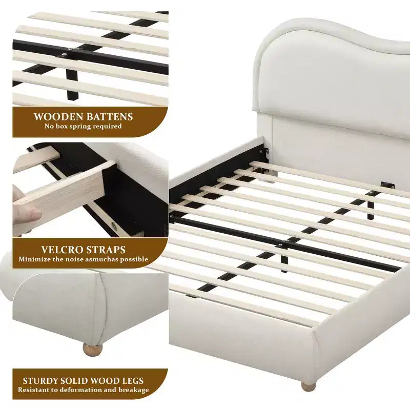Lit plateforme Queen/King Size avec coins arrondis et tête de lit incurvée, cadre de lit rembourré en chenille pour chambre à coucher, appartement - ModernLuxe