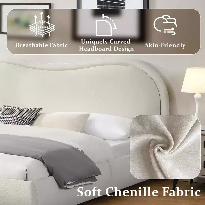 Lit plateforme Queen/King Size avec coins arrondis et tête de lit incurvée, cadre de lit rembourré en chenille pour chambre à coucher, appartement - ModernLuxe