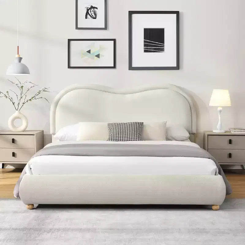 Queen/King Size Platform Bed with Rounded Corners Curved Headboard, Chenille Upholstered Bed Frame for Bedroom, Apartment - ModernLuxe