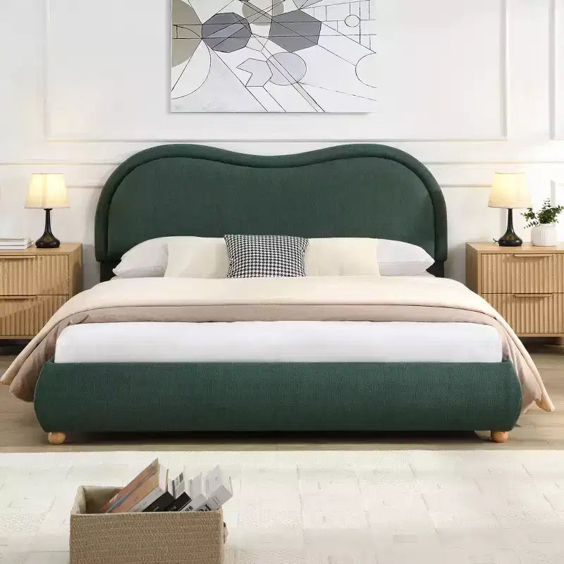 Lit plateforme Queen/King Size avec coins arrondis et tête de lit incurvée, cadre de lit rembourré en chenille pour chambre à coucher, appartement - ModernLuxe
