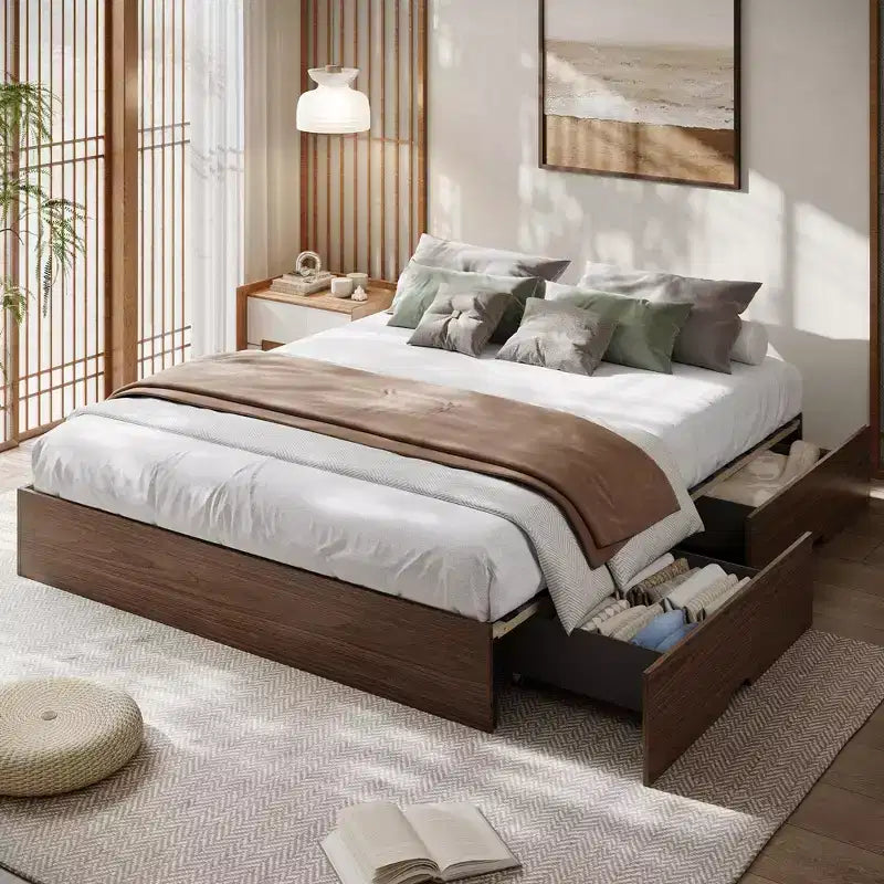 Queen Size Wood Platform Bed Frame with 2 Storage Drawers, Mattress Foundation Slat Support Without Headboard, No Box Spring Needed, Easy Setup