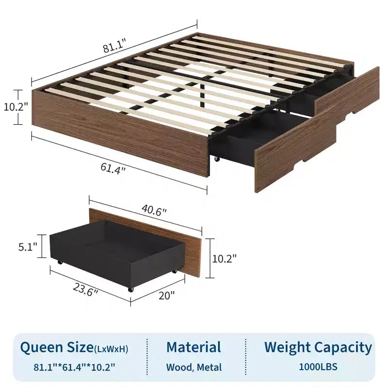 Cadre de lit plateforme Queen Size en bois avec 2 tiroirs de rangement, support à lattes pour matelas sans tête de lit, pas besoin de sommier, montage facile