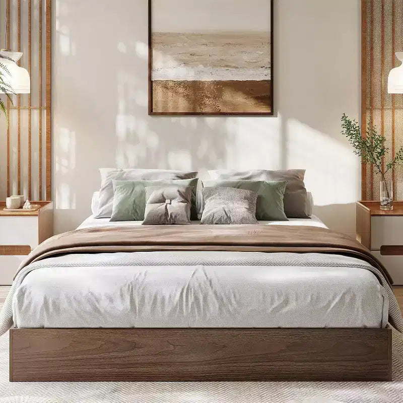 Cadre de lit plateforme Queen Size en bois avec 2 tiroirs de rangement, support à lattes pour matelas sans tête de lit, pas besoin de sommier, montage facile
