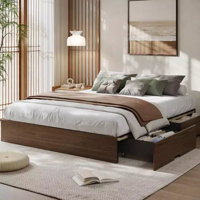 Cadre de lit plateforme Queen Size en bois avec 2 tiroirs de rangement, support à lattes pour matelas sans tête de lit, pas besoin de sommier, montage facile