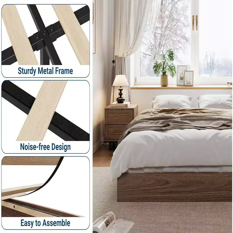 Cadre de lit plateforme Queen Size en bois avec 2 tiroirs de rangement, support à lattes pour matelas sans tête de lit, pas besoin de sommier, montage facile
