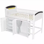 Lit mezzanine double/double avec armoire de rangement et placard, lit mezzanine moderne en bois massif avec tête de lit LED et barrières de sécurité pour chambre à coucher
