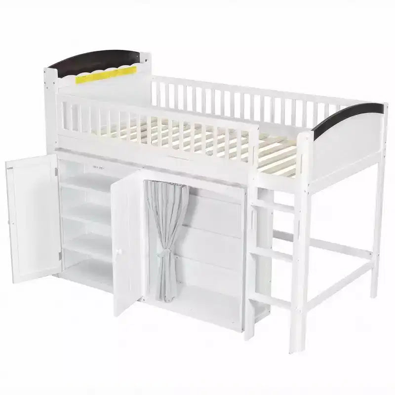 Lit mezzanine double/double avec armoire de rangement et placard, lit mezzanine moderne en bois massif avec tête de lit LED et barrières de sécurité pour chambre à coucher