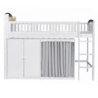 Lit mezzanine double/double avec armoire de rangement et placard, lit mezzanine moderne en bois massif avec tête de lit LED et barrières de sécurité pour chambre à coucher