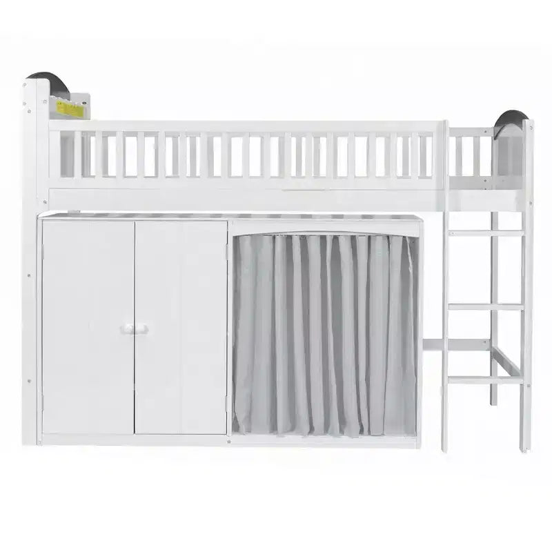Lit mezzanine double/double avec armoire de rangement et placard, lit mezzanine moderne en bois massif avec tête de lit LED et barrières de sécurité pour chambre à coucher