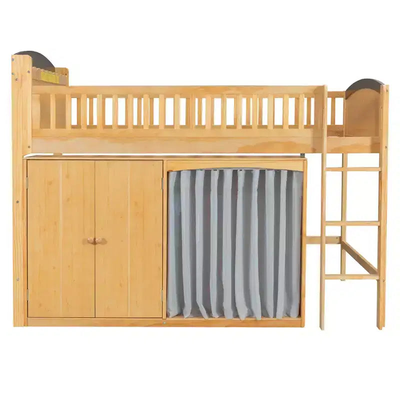 Lit mezzanine double/double avec armoire de rangement et placard, lit mezzanine moderne en bois massif avec tête de lit LED et barrières de sécurité pour chambre à coucher