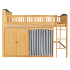 Lit mezzanine double/double avec armoire de rangement et placard, lit mezzanine moderne en bois massif avec tête de lit LED et barrières de sécurité pour chambre à coucher