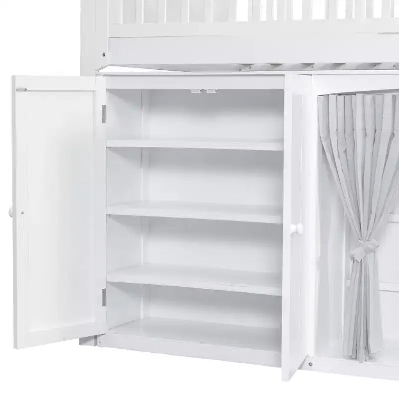 Lit mezzanine double/double avec armoire de rangement et placard, lit mezzanine moderne en bois massif avec tête de lit LED et barrières de sécurité pour chambre à coucher