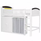 Lit mezzanine double/double avec armoire de rangement et placard, lit mezzanine moderne en bois massif avec tête de lit LED et barrières de sécurité pour chambre à coucher