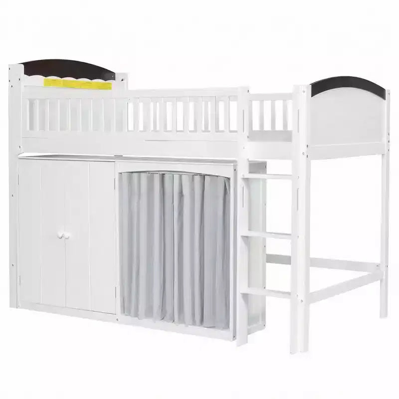 Lit mezzanine double/double avec armoire de rangement et placard, lit mezzanine moderne en bois massif avec tête de lit LED et barrières de sécurité pour chambre à coucher