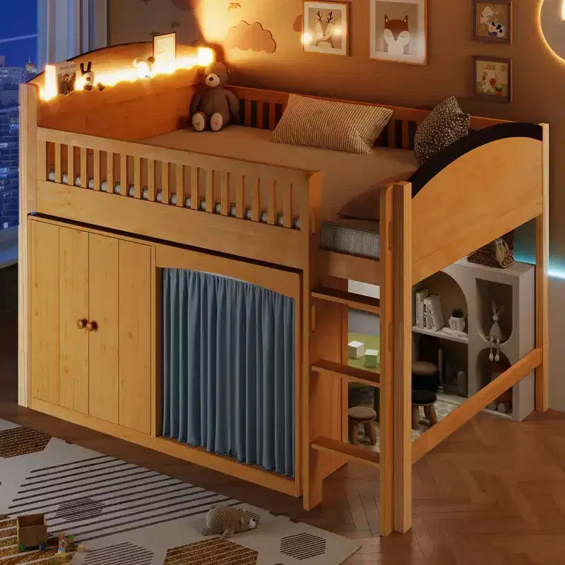 Lit mezzanine double/double avec armoire de rangement et placard, lit mezzanine moderne en bois massif avec tête de lit LED et barrières de sécurité pour chambre à coucher
