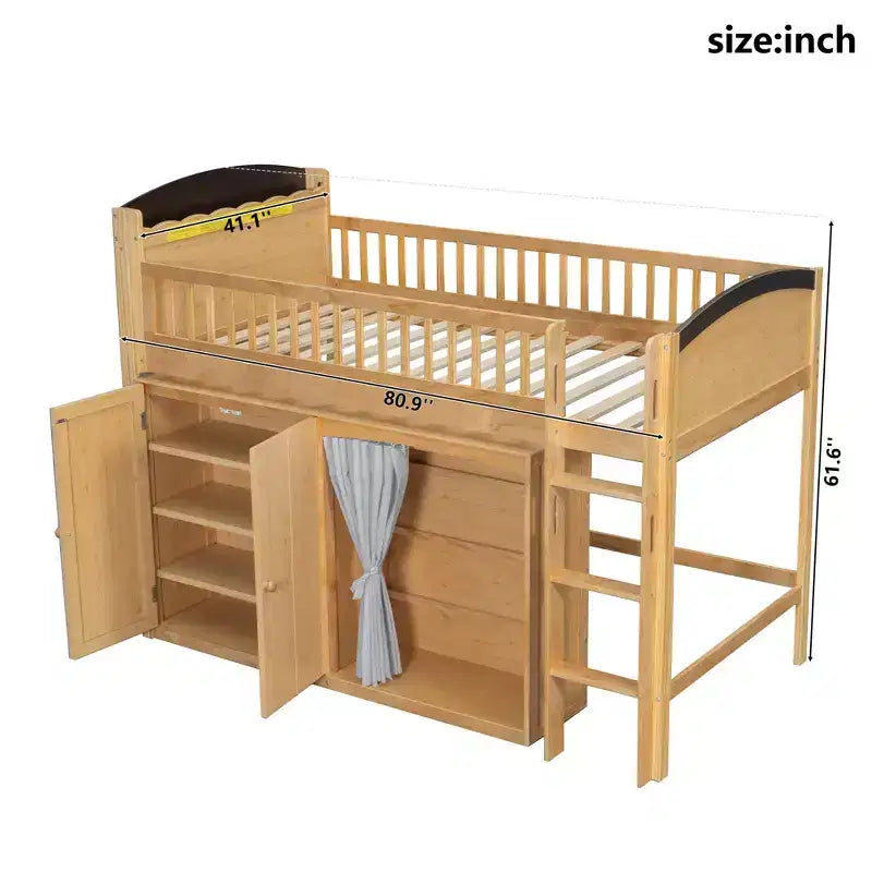 Lit mezzanine double/double avec armoire de rangement et placard, lit mezzanine moderne en bois massif avec tête de lit LED et barrières de sécurité pour chambre à coucher