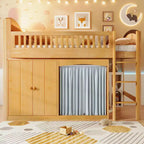 Lit mezzanine double/double avec armoire de rangement et placard, lit mezzanine moderne en bois massif avec tête de lit LED et barrières de sécurité pour chambre à coucher