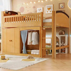 Lit mezzanine double/double avec armoire de rangement et placard, lit mezzanine moderne en bois massif avec tête de lit LED et barrières de sécurité pour chambre à coucher