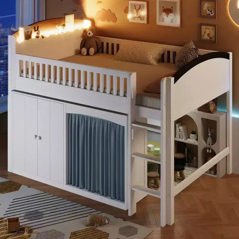 Lit mezzanine double/double avec armoire de rangement et placard, lit mezzanine moderne en bois massif avec tête de lit LED et barrières de sécurité pour chambre à coucher