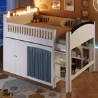 Lit mezzanine double/double avec armoire de rangement et placard, lit mezzanine moderne en bois massif avec tête de lit LED et barrières de sécurité pour chambre à coucher