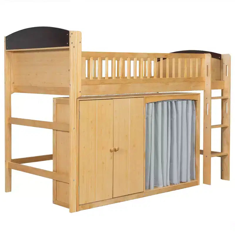 Lit mezzanine double/double avec armoire de rangement et placard, lit mezzanine moderne en bois massif avec tête de lit LED et barrières de sécurité pour chambre à coucher