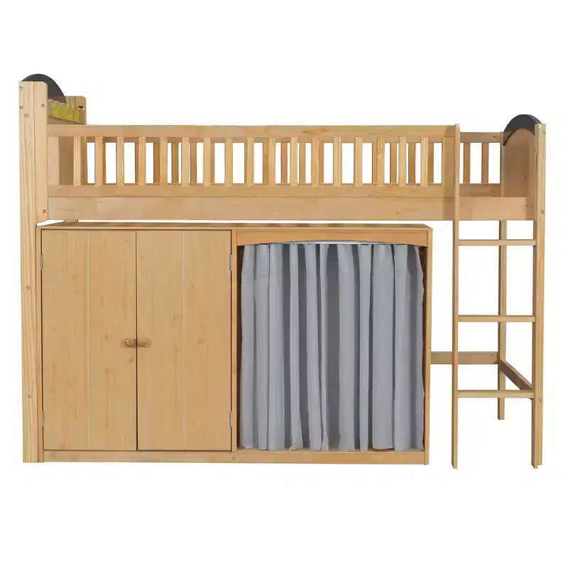 Lit mezzanine double/double avec armoire de rangement et placard, lit mezzanine moderne en bois massif avec tête de lit LED et barrières de sécurité pour chambre à coucher