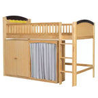 Lit mezzanine double/double avec armoire de rangement et placard, lit mezzanine moderne en bois massif avec tête de lit LED et barrières de sécurité pour chambre à coucher
