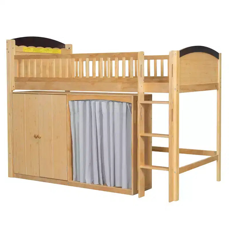 Lit mezzanine double/double avec armoire de rangement et placard, lit mezzanine moderne en bois massif avec tête de lit LED et barrières de sécurité pour chambre à coucher