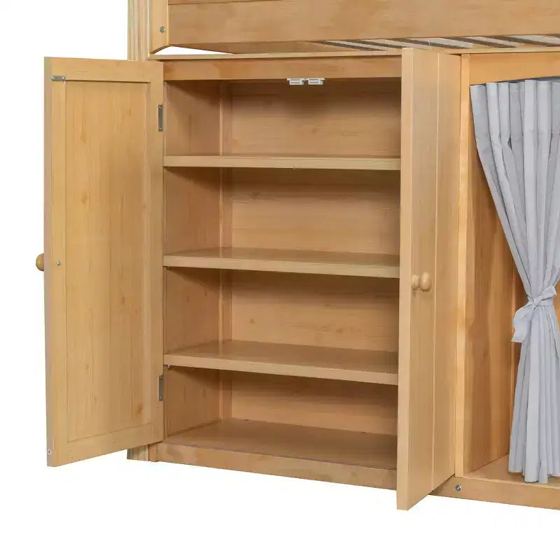 Lit mezzanine double/double avec armoire de rangement et placard, lit mezzanine moderne en bois massif avec tête de lit LED et barrières de sécurité pour chambre à coucher